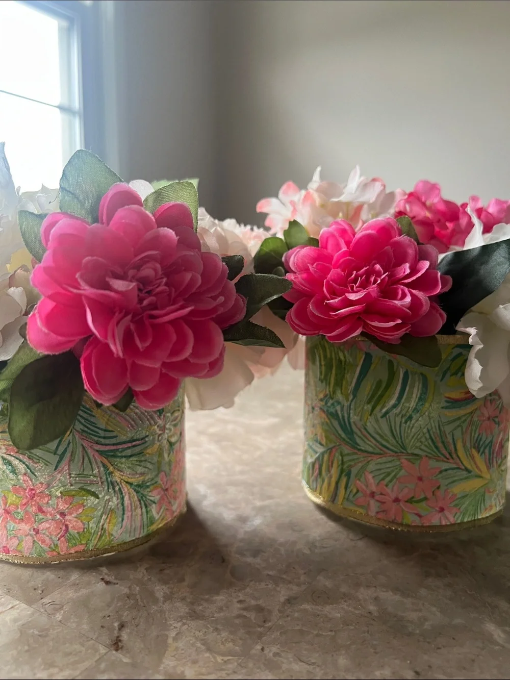 Handmade Floral Pink & White Artificial Arrangement in Decorative Green Vase Set